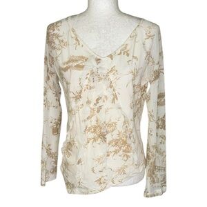 Cristina Gavioli Cream Tan Floral Toile Print Mesh Ruffle Asymmetrical Top - 12